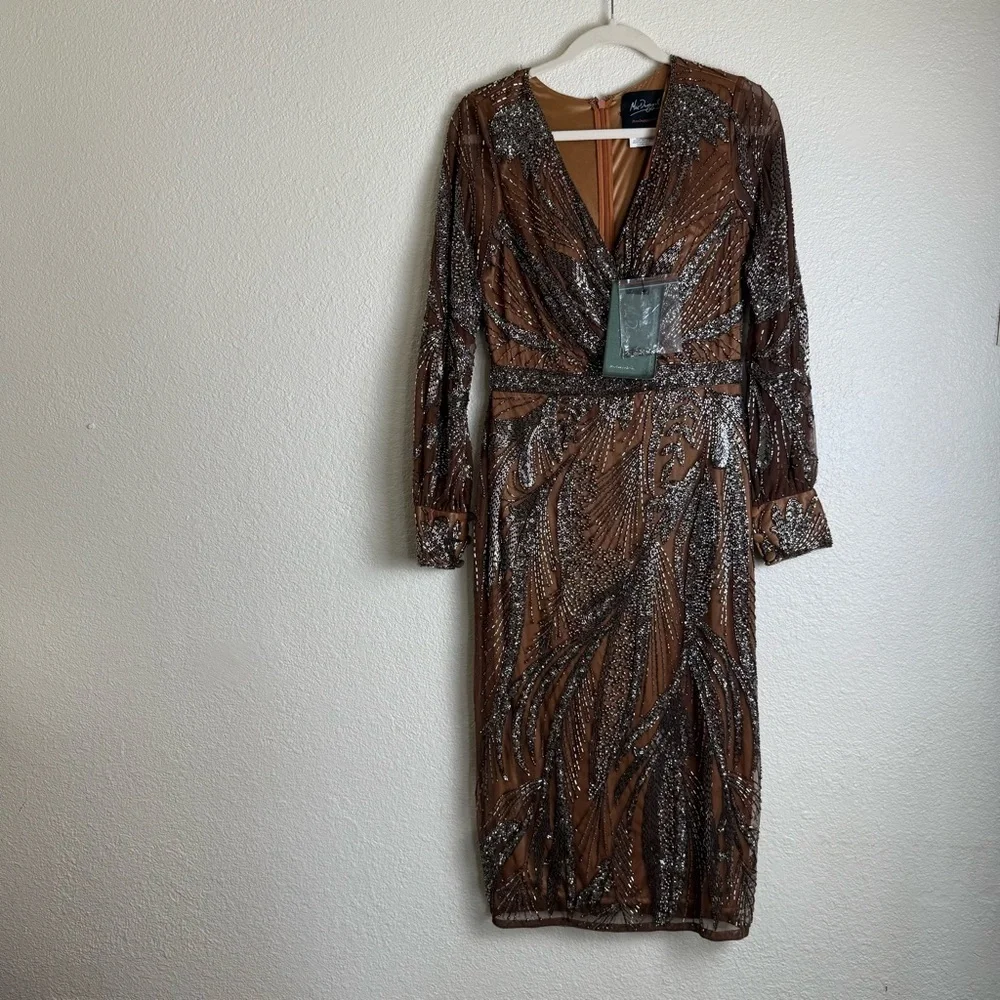 Mac Duggal Mocha Brown Beaded Long Sleeve Tulle Midi Cocktail Dress - Picture 5 of 14